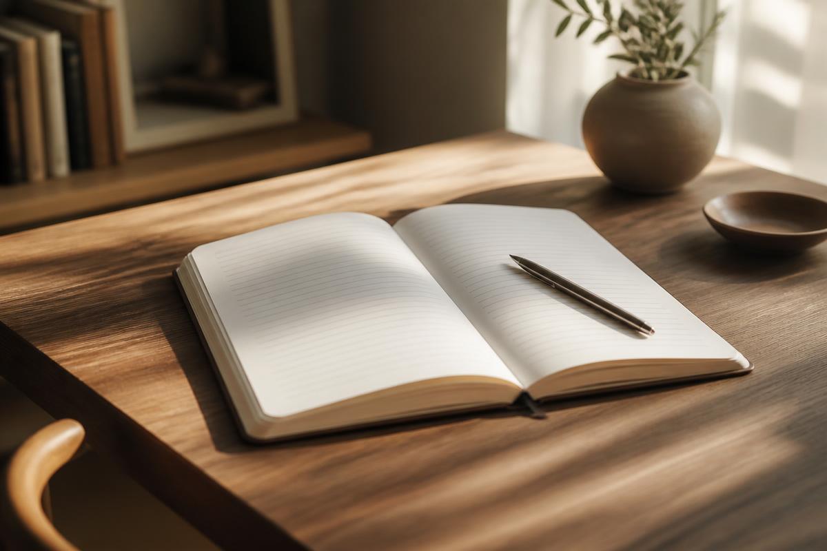 A minimal wooden desk with an open notebook and pen in soft morning light