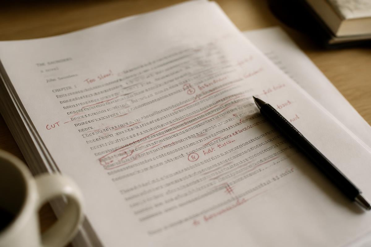 Manuscript pages marked with red editing corrections and a black pen